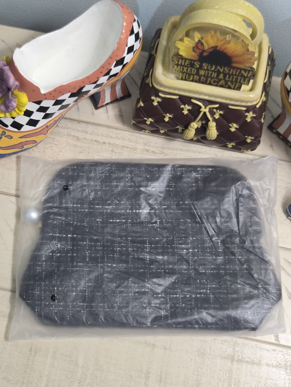 Ulta Beauty Black Tweed Plaid Pearl Cosmetic Bag Pouch,NWT